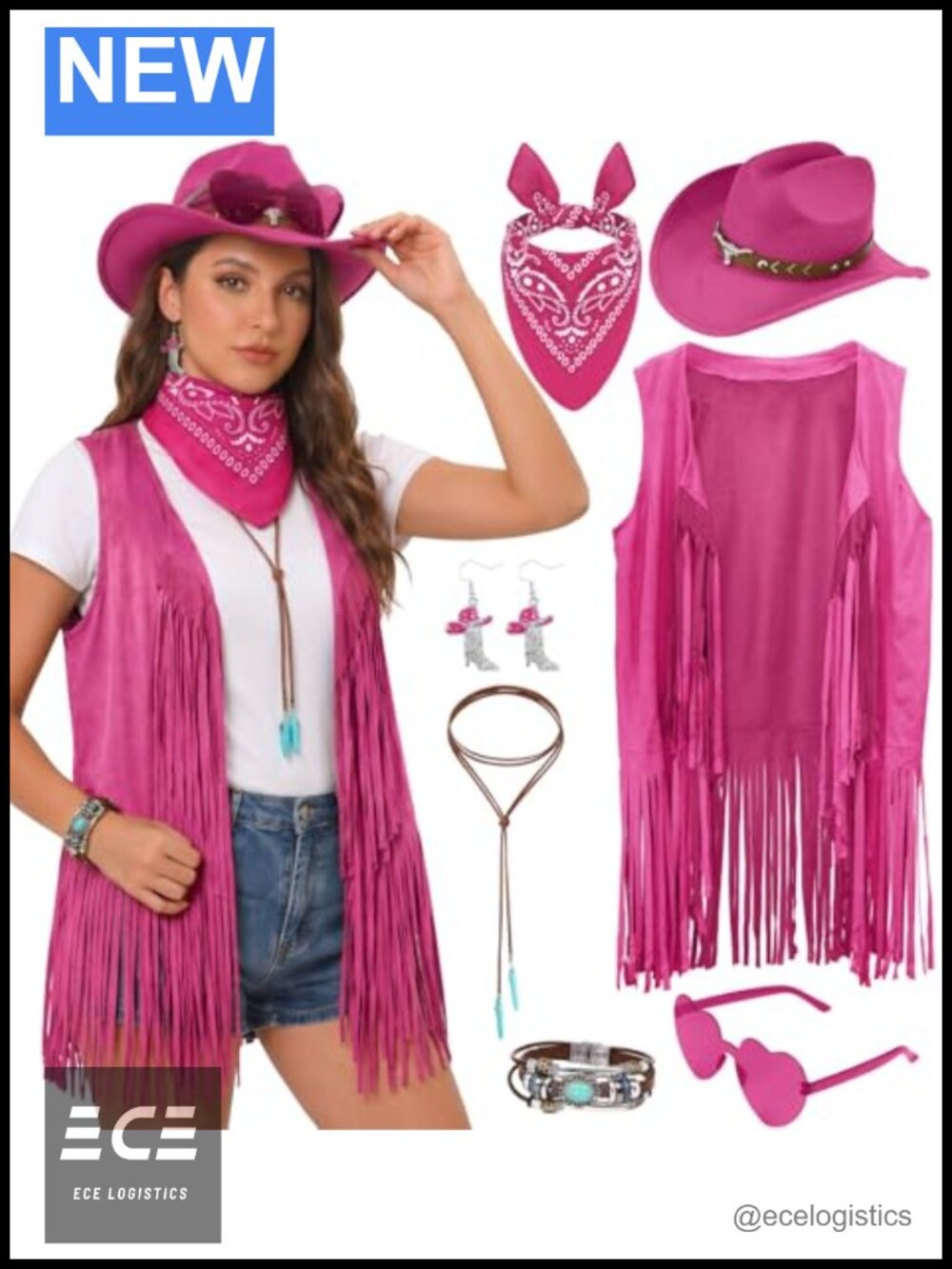Western Cowgirl Fringe Costume Set Artificial Suede Vest Hat Jewelry 7 Piece